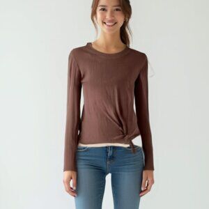 💕 Madewell Texture & Thread Brown Ribbed Knot-Front Thermal Top - XS - Y2K Style